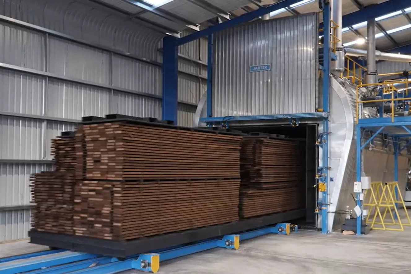 Thermally modified timber exiting TMT Plant after completing thermal modification process