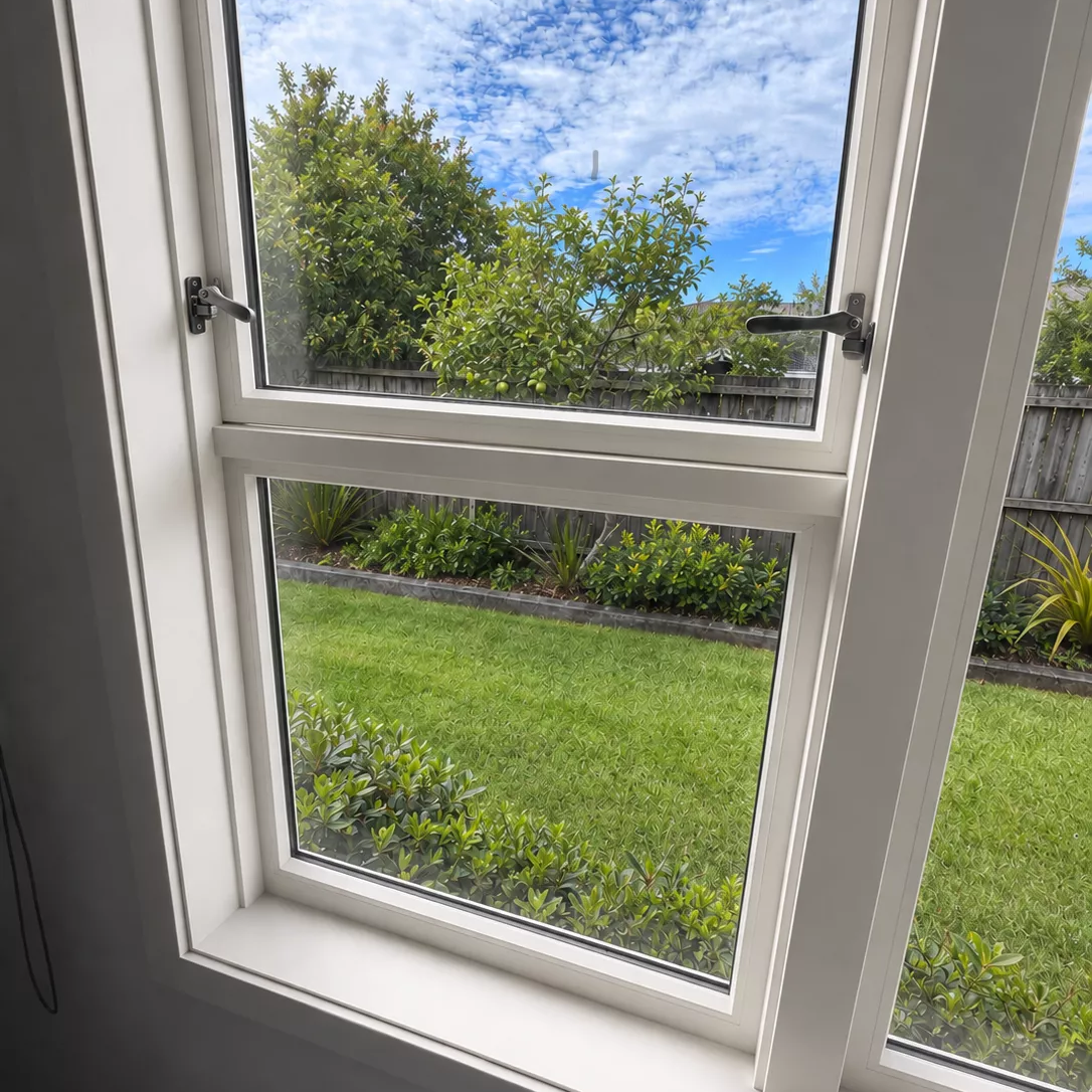 Internal view of replacement timber sashes installed into an existing timber window. Showing split rail set, slightly open.