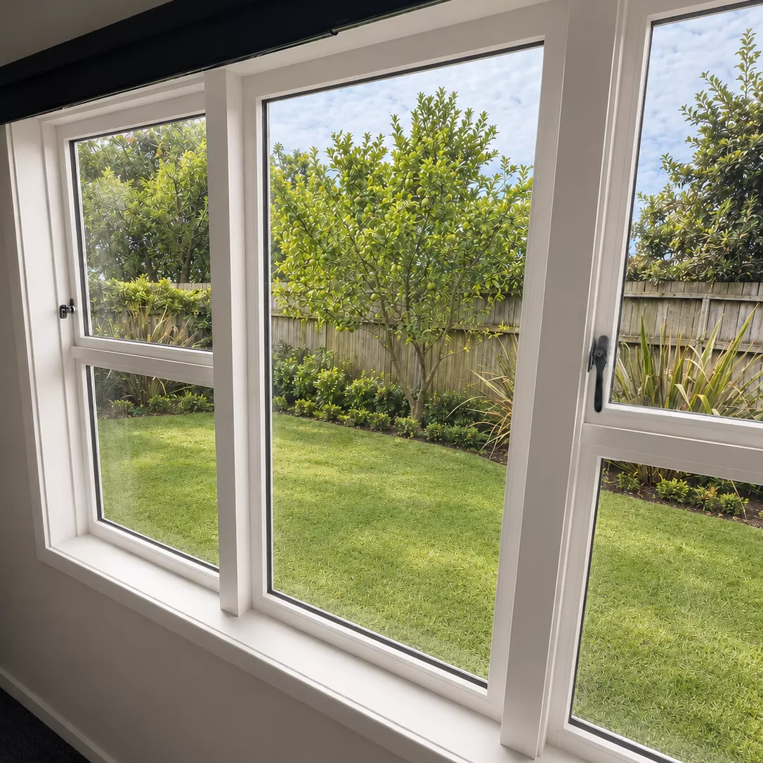 Internal view of five replacement timber sashes recently installed into an existing timber window. Includes two split rail sets.